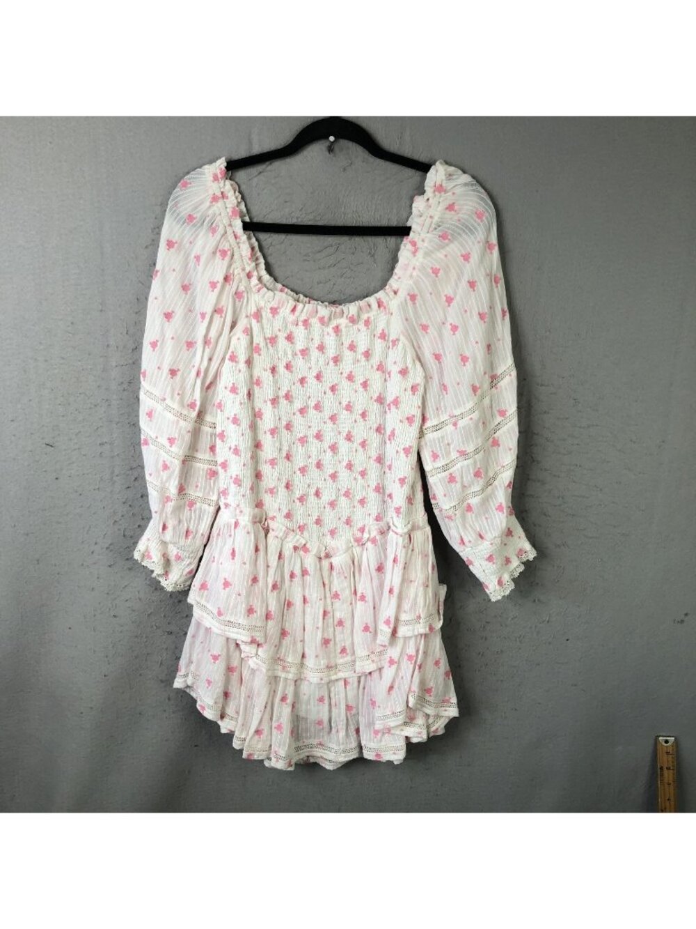 LoveShackFancy Dress Womens M White Floral Smocked Ruffle Mini Puff Sleeve